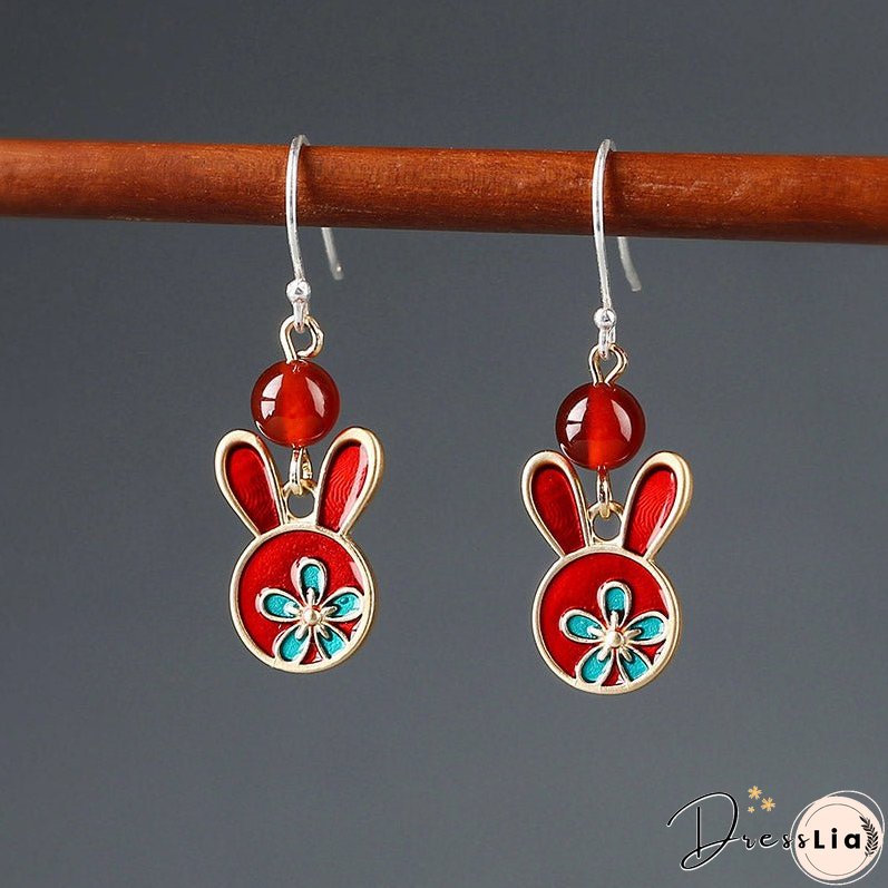 Red earrings antique rabbit earrings with cheongsam retro sterling silver ethnic earrings