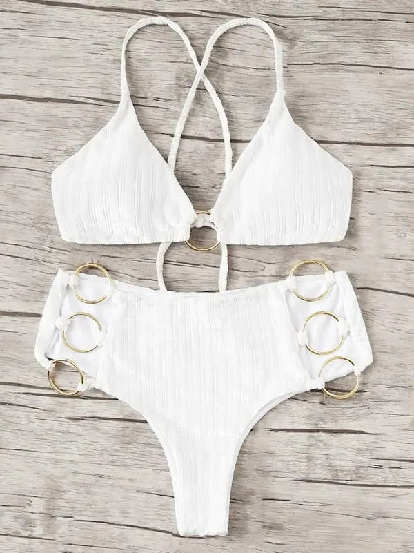 Solid Color Ring Hollow Split Bikini Swimsuit