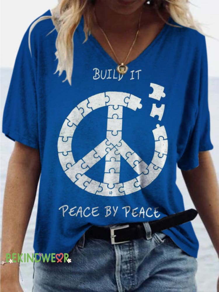 Peace By P Printed Casual V-Neck Short Sleeve T-Shirt Multicolor / S