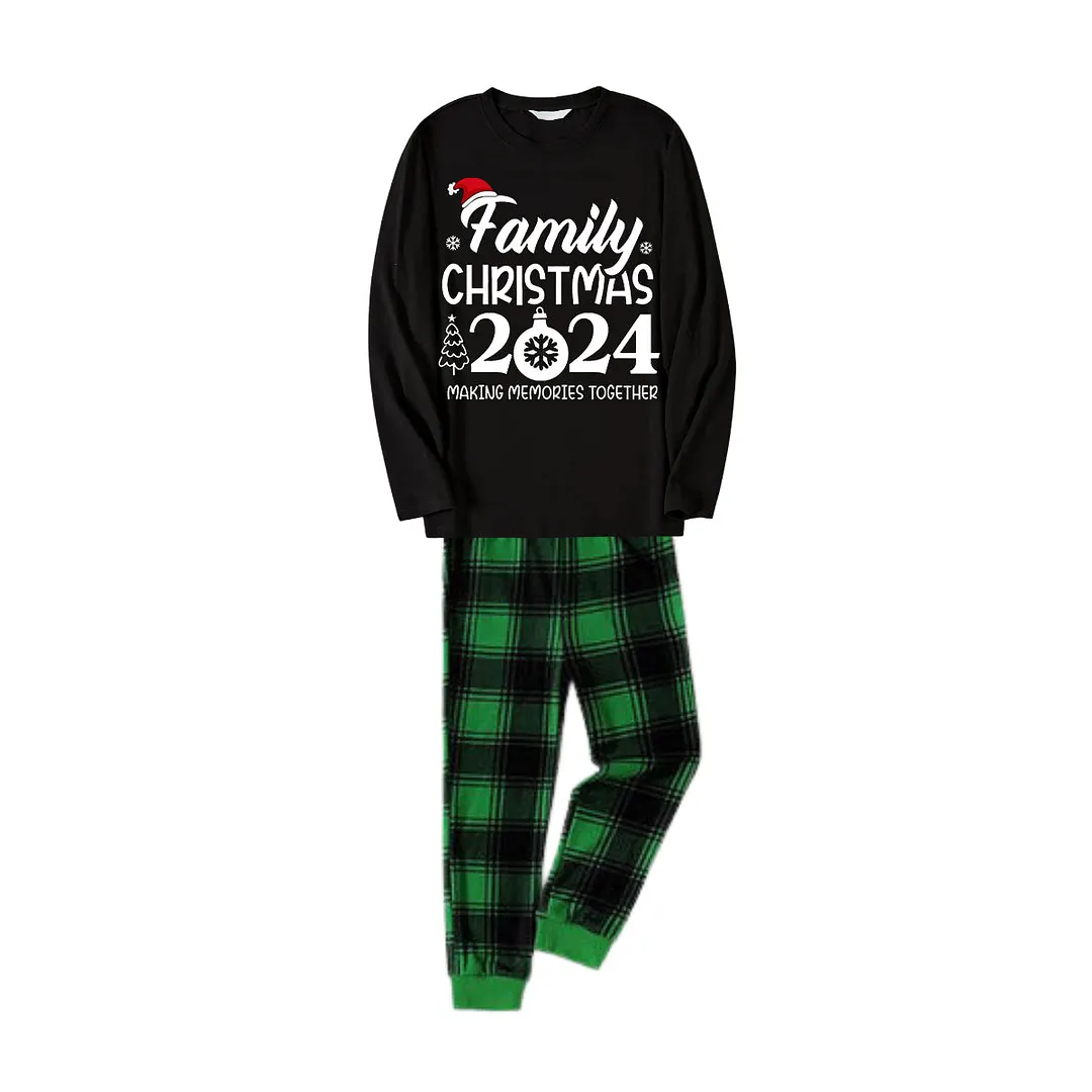 "Family Christmas 2024 Making Memories Together" Text and Santa Hat Printed Black and Green Plaid Family Christmas Matching Pajamas