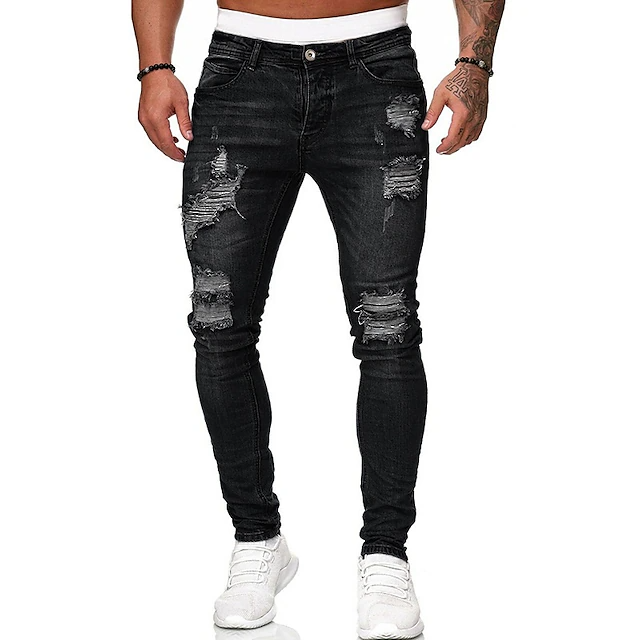 Men's Vintage Denim Ripped Straight Jeans Stacked Ripped