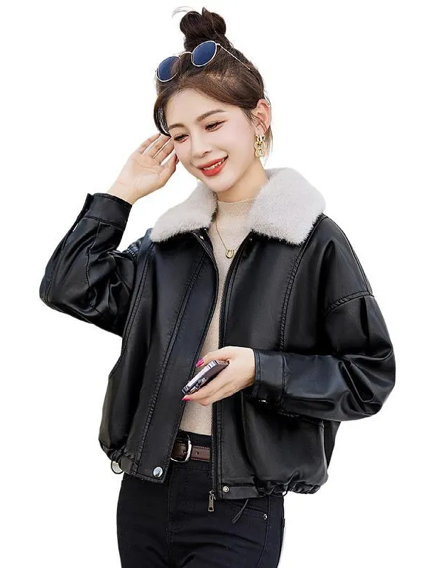 Athvotar Athvotar Fur Collar Plus Velvet Coat Women 2025 Winter New Small Loose PU Locomotive Jacket Jacket