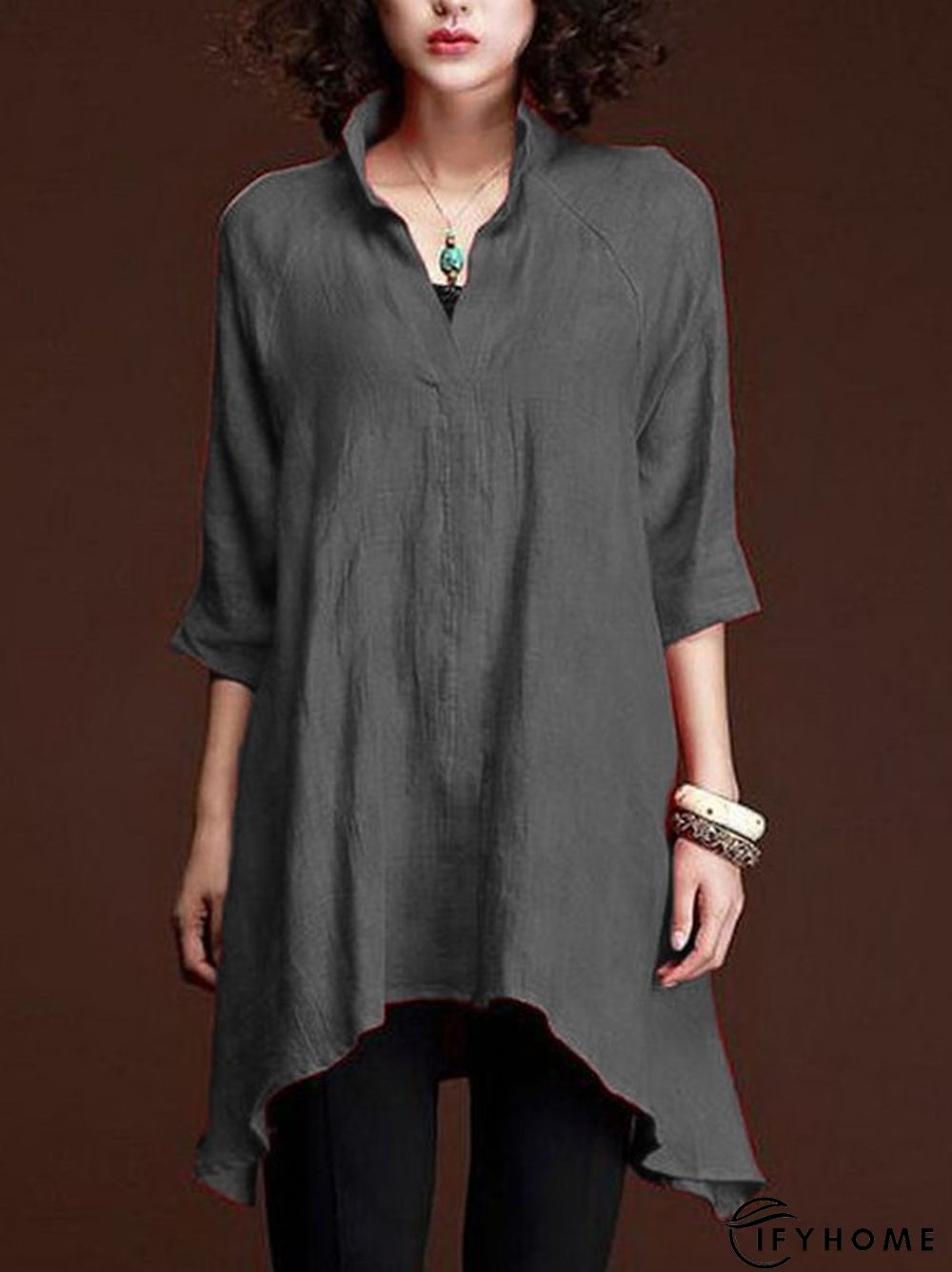 Women Casual 3/4 Sleeve V Neck Solid Top | IFYHOME