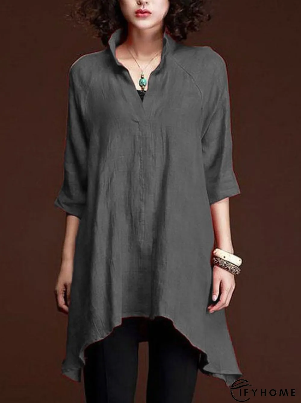 Women Casual 3/4 Sleeve V Neck Solid Top | IFYHOME