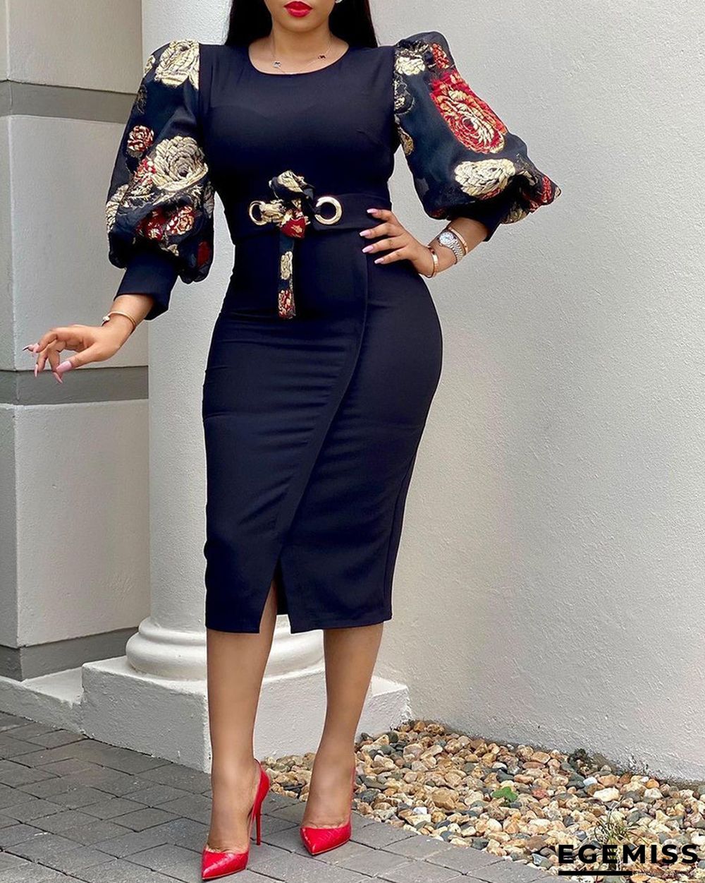 Commuter Large Size Printed Dress Black Dresses | EGEMISS