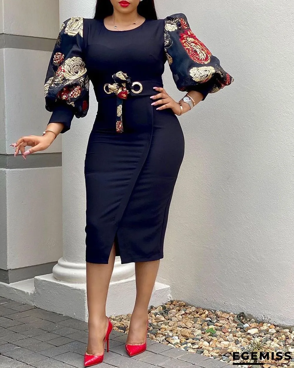 Commuter Large Size Printed Dress Black Dresses | EGEMISS