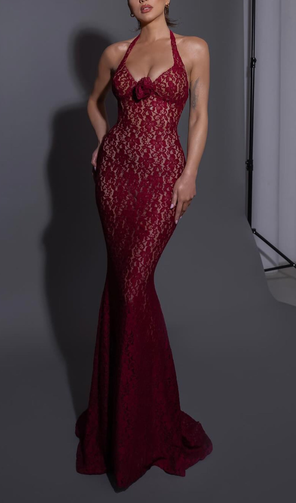 Bedelia Wine Halter Lace Maxi Dress Flowering Girl