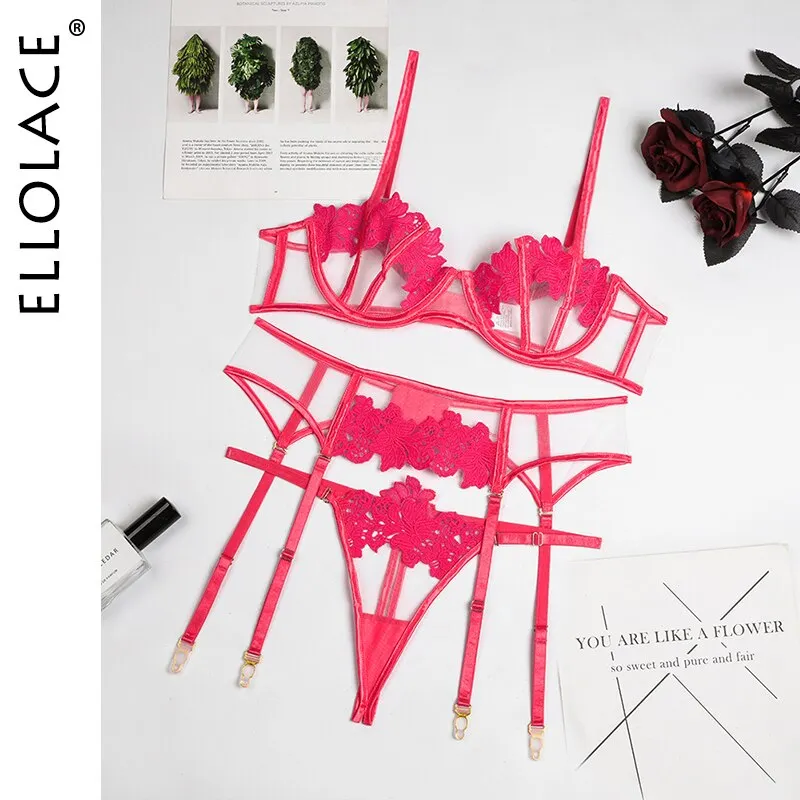 Ellolace Sensual Lingerie Underwear Erotic Hollow Out Brief Sets Push Up Underwire Bra Garters Thongs Sheer Fancy Exotic Costume
