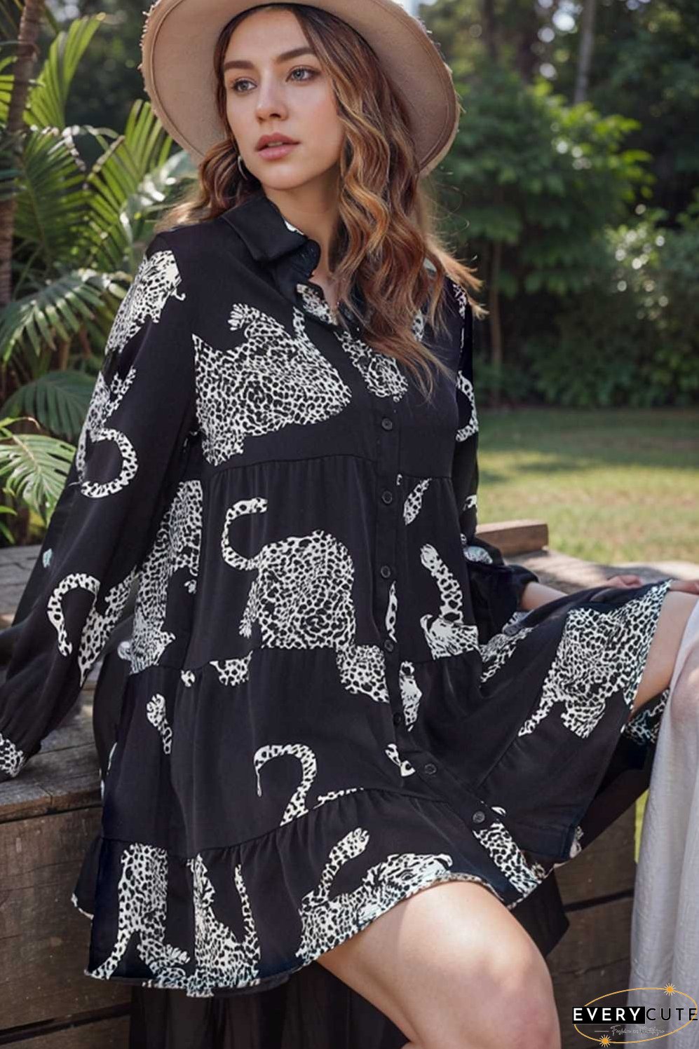 leopard print collared button up shirt dress with ruffled sleeves
