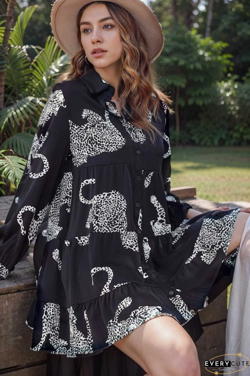 leopard print collared button up shirt dress with ruffled sleeves