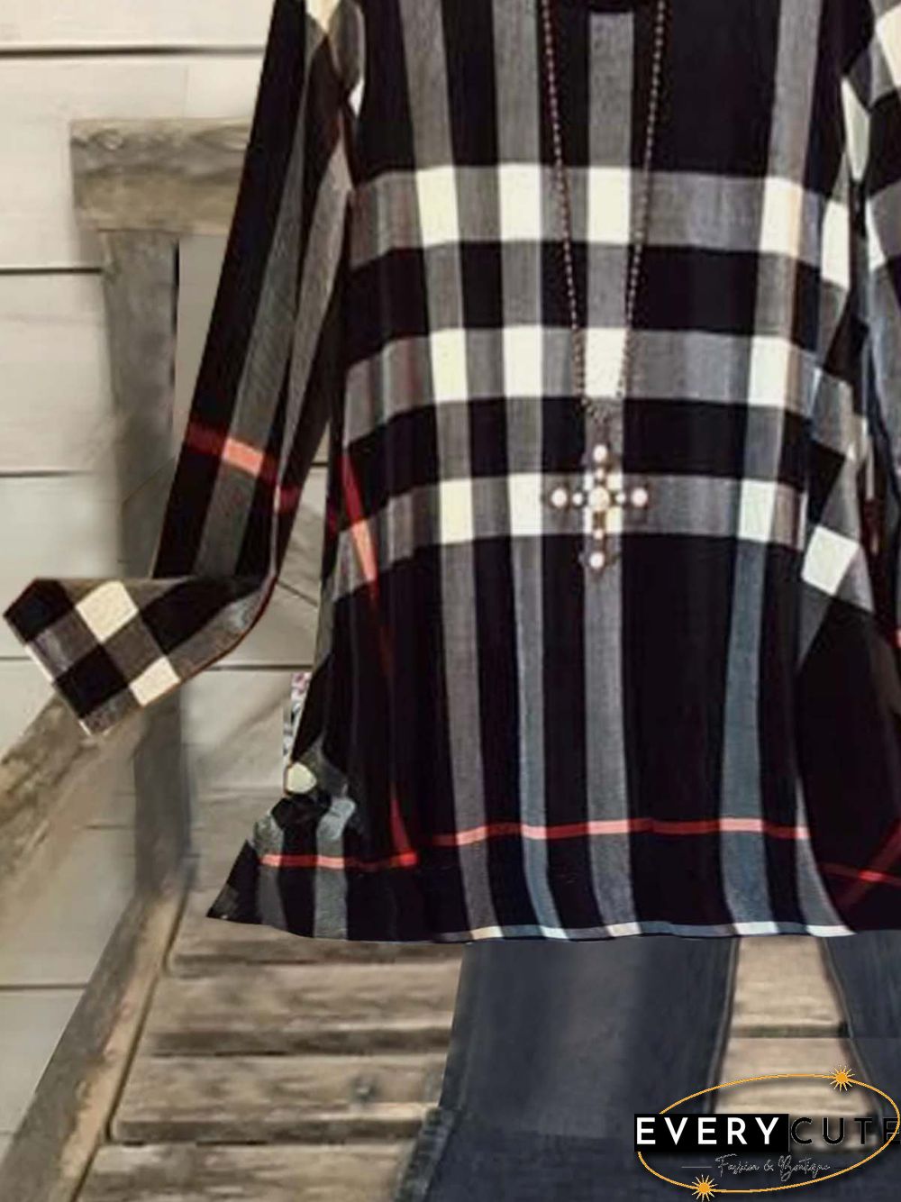 Long Sleeve Printed Cotton-blend Crew Neck Vintage Black Top