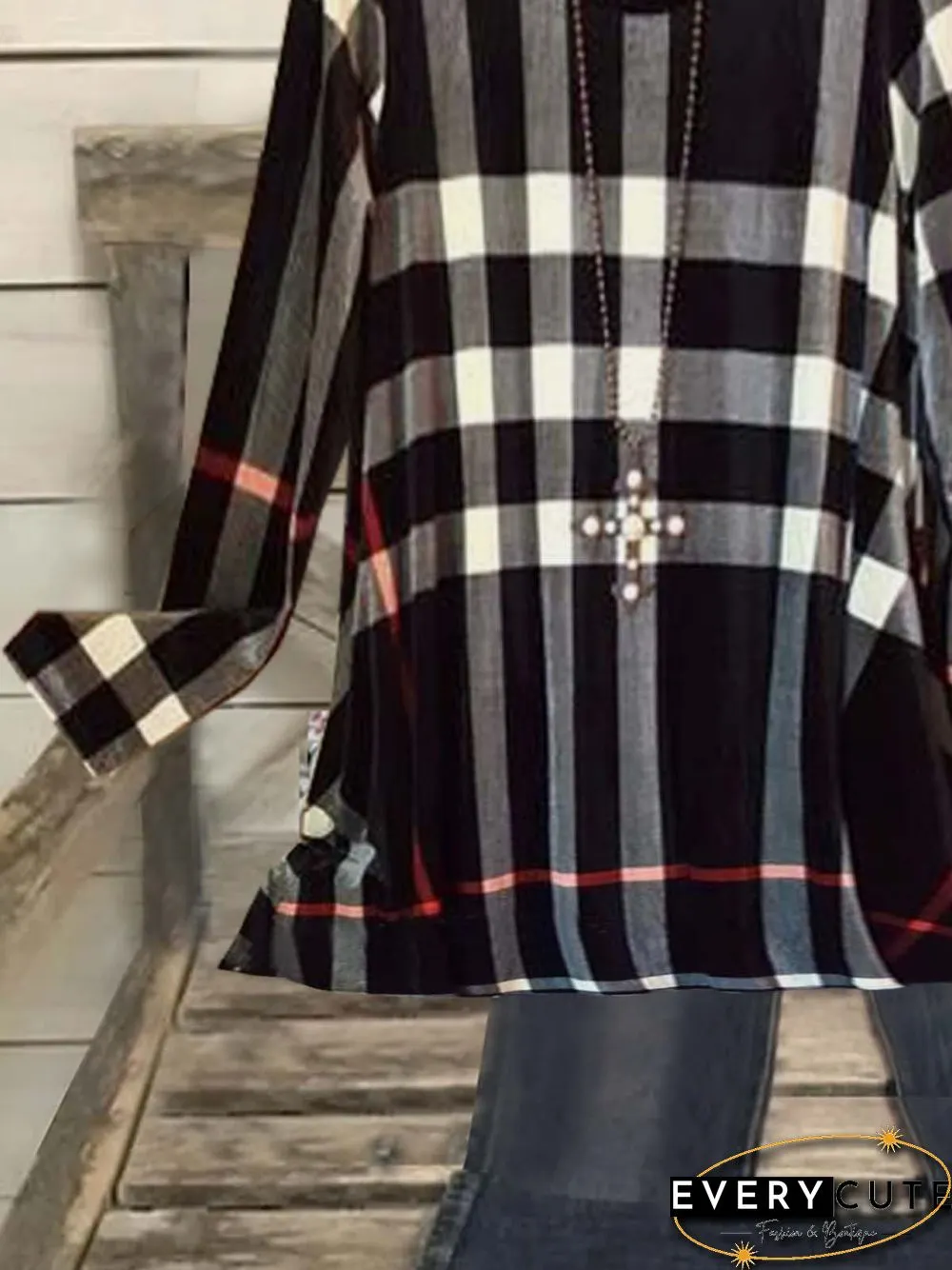 Long Sleeve Printed Cotton-blend Crew Neck Vintage Black Top