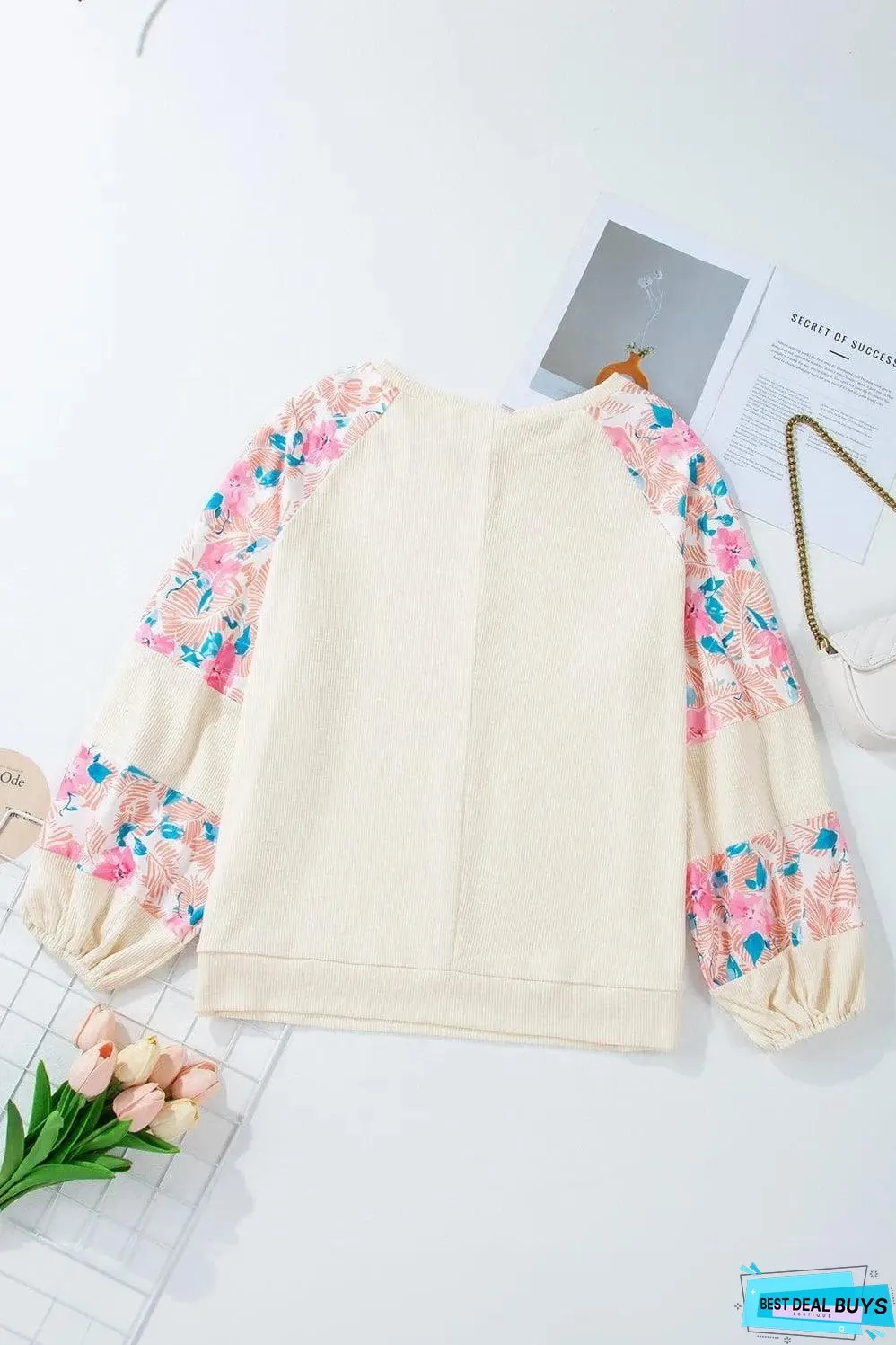 Apricot Plus Size Floral Patchwork Ribbed Puff Sleeve Top