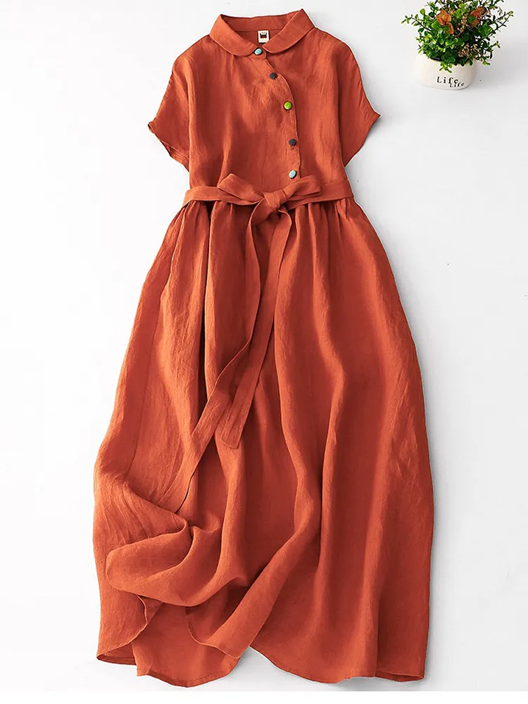 Women&lsquo;s Shirt Collar Cotton and Linen Dress