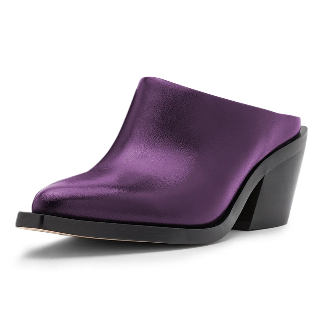 Stylish Purple Vegan Leather Snip Toe Mules with Block Heels