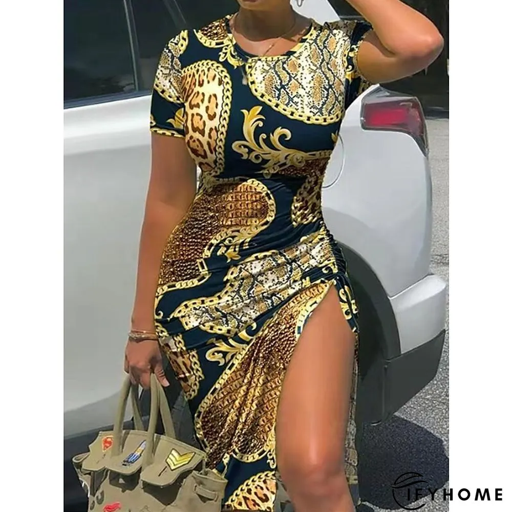 Women's T Shirt Dress Casual Dress T Shirt Dress Tee Dress Leopard Ombre Split Print Crew Neck Midi Dress Active Modern Daily Going out Short Sleeve Slim Light Yellow Black Yellow Summer Spring S M L | IFYHOME