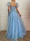 Light Baby Blue Sparkling Prom Dress Short Puff Sleeve Sweetheart Tulle A Line Sheer Bodice Corset Ball Gown Whimsical Love Heart Print