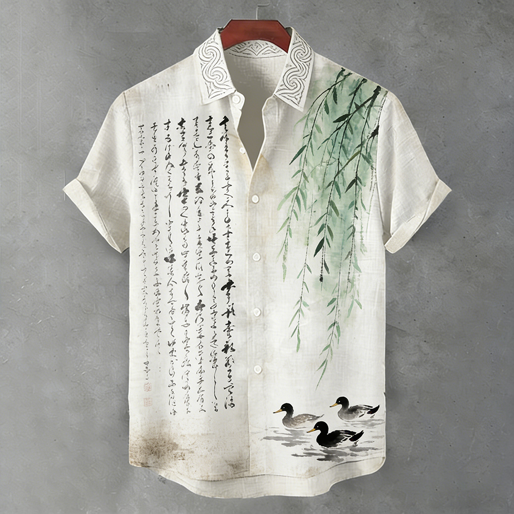 Vintage Duck And Weeping Willow Art Embroidery Short Sleeve Shirt elevenforest