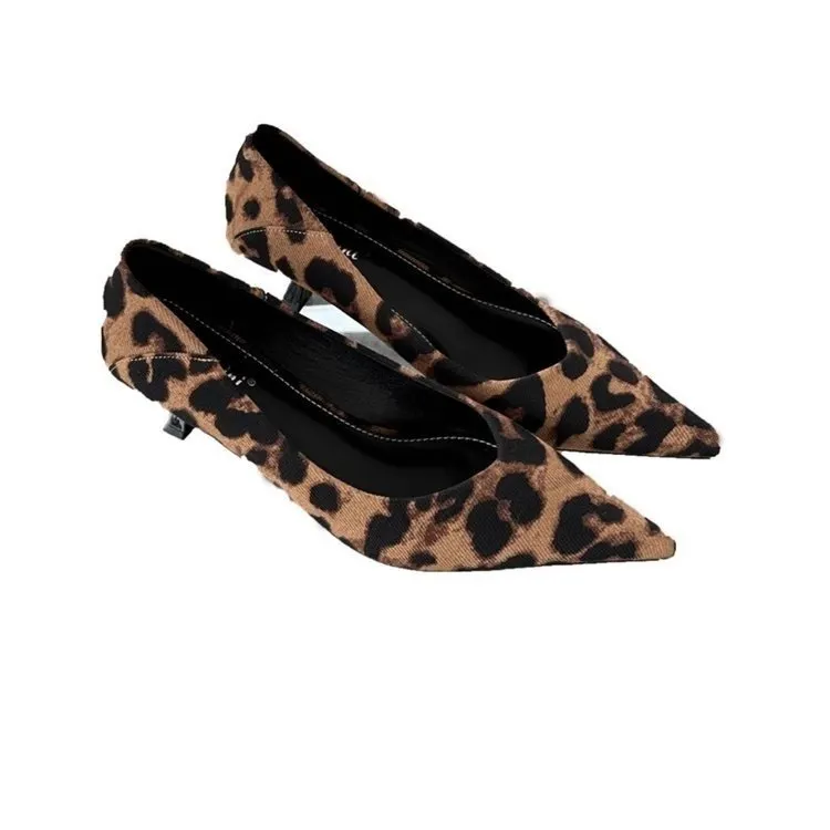 Yyvonne French New Leopard-Print Fine Heel Single Shoes Sexy Pointed High-Heeled High-Heeled High-Heeled Shoes Small-Size Velvet Cat Heels