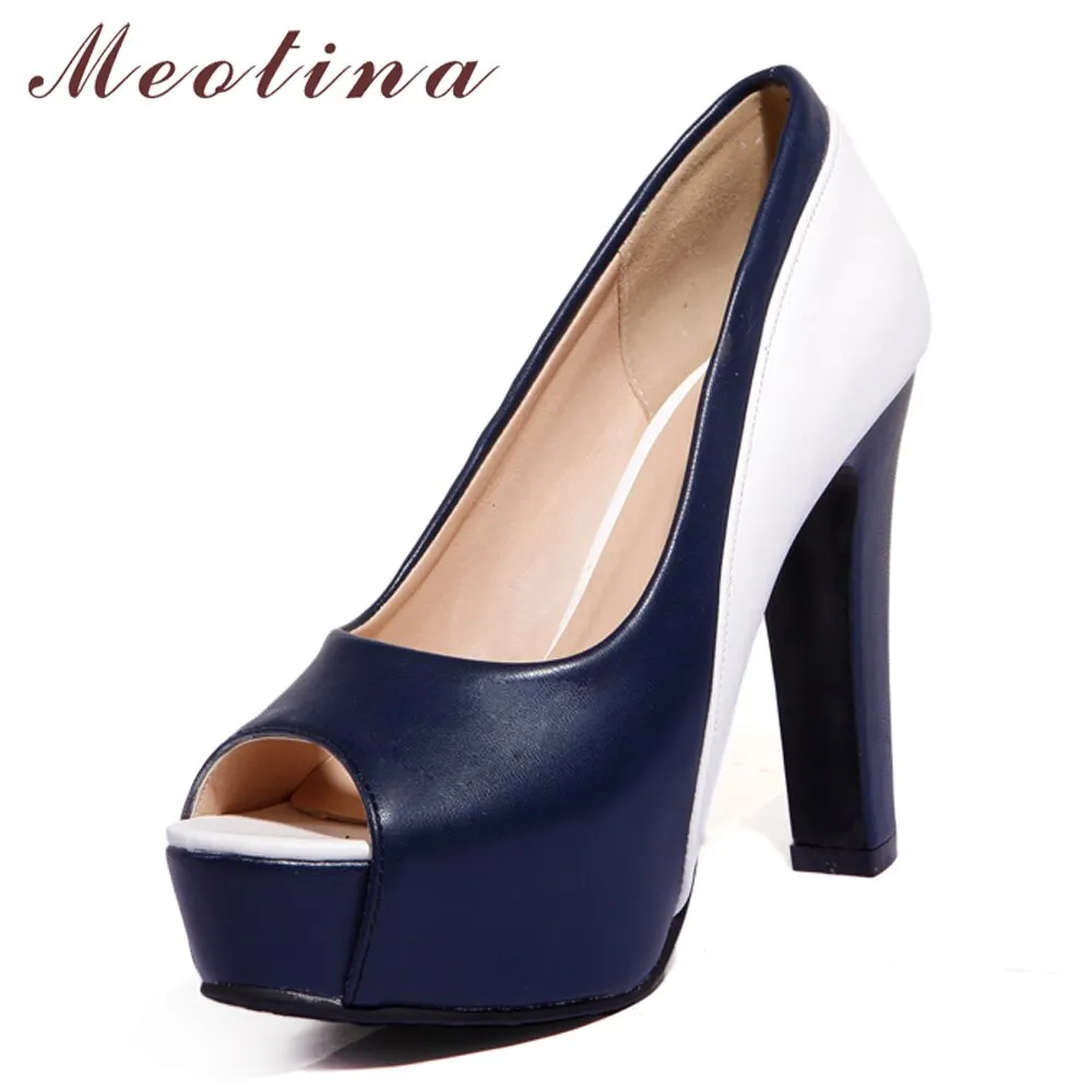 Meotina High Heels Shoes Women Platform Spike High Heel Office Lady Shoes Mixed Colors Peep Toe Pumps Spring Blue Big Size 33-45