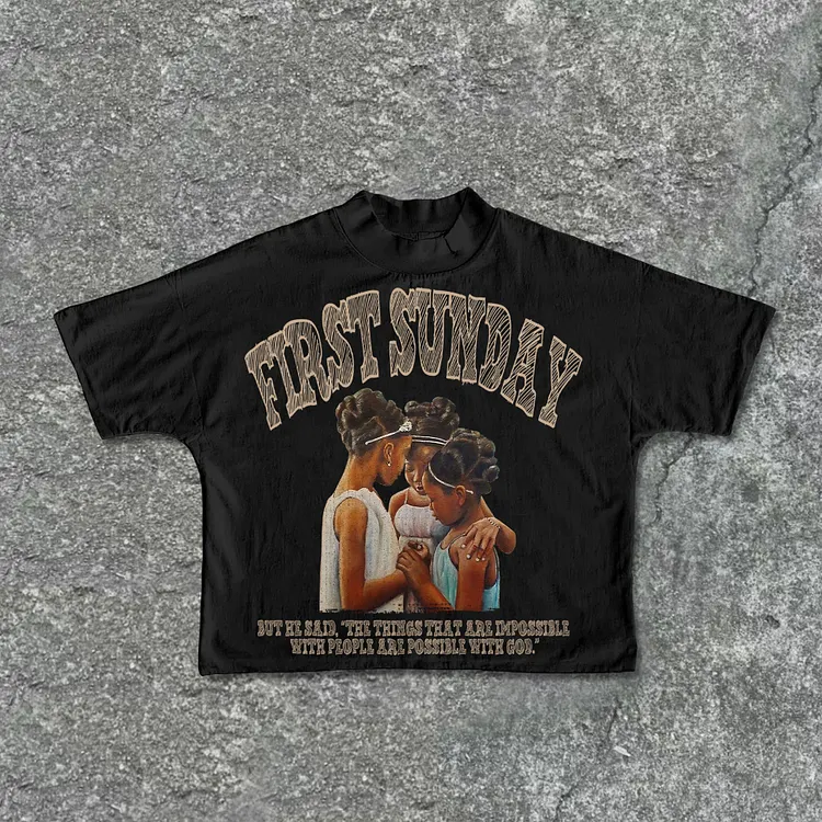 Retro First Sunday Faith Bible Graphic Print Casual Cotton Cropped T-Shirts