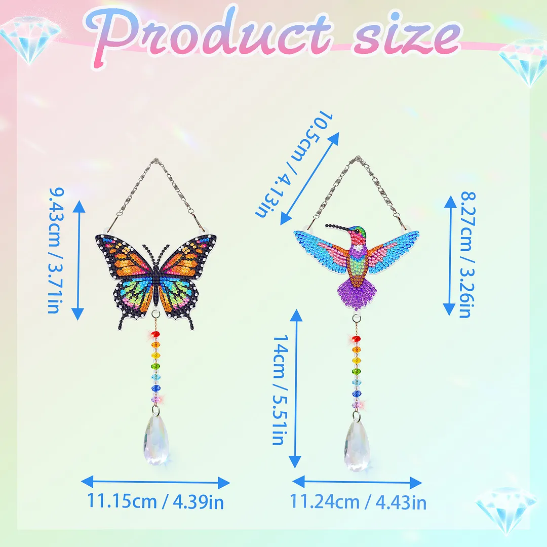 2Pcs Beautiful Butterflies and Hummingbirds DIY Double-Sided Diamond Painting Hanging Kits Diamond Painting Suncatcher Craft Kit for Home Garden Wall Decor Gift