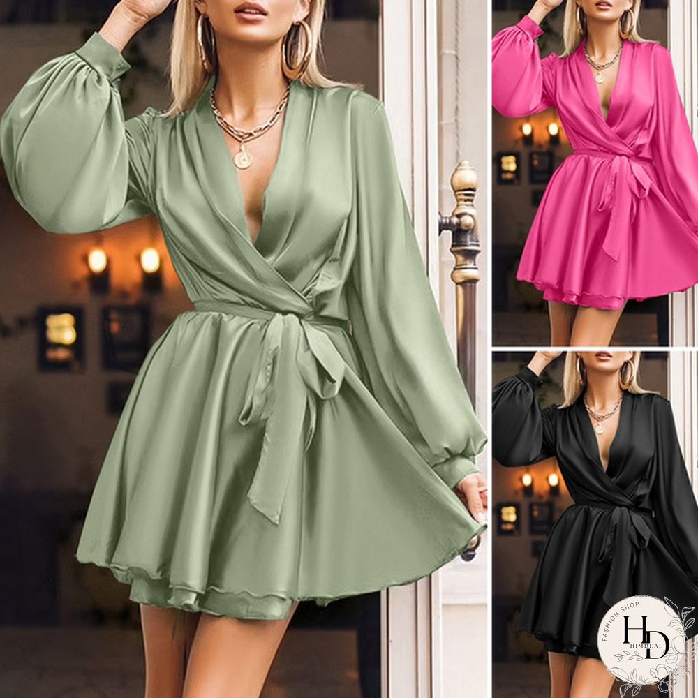 Women Silk Swing Mini Dress Lantern Long Sleeve V Neck Solid Color Party Casual Fashion Wrap Dress Plus Size