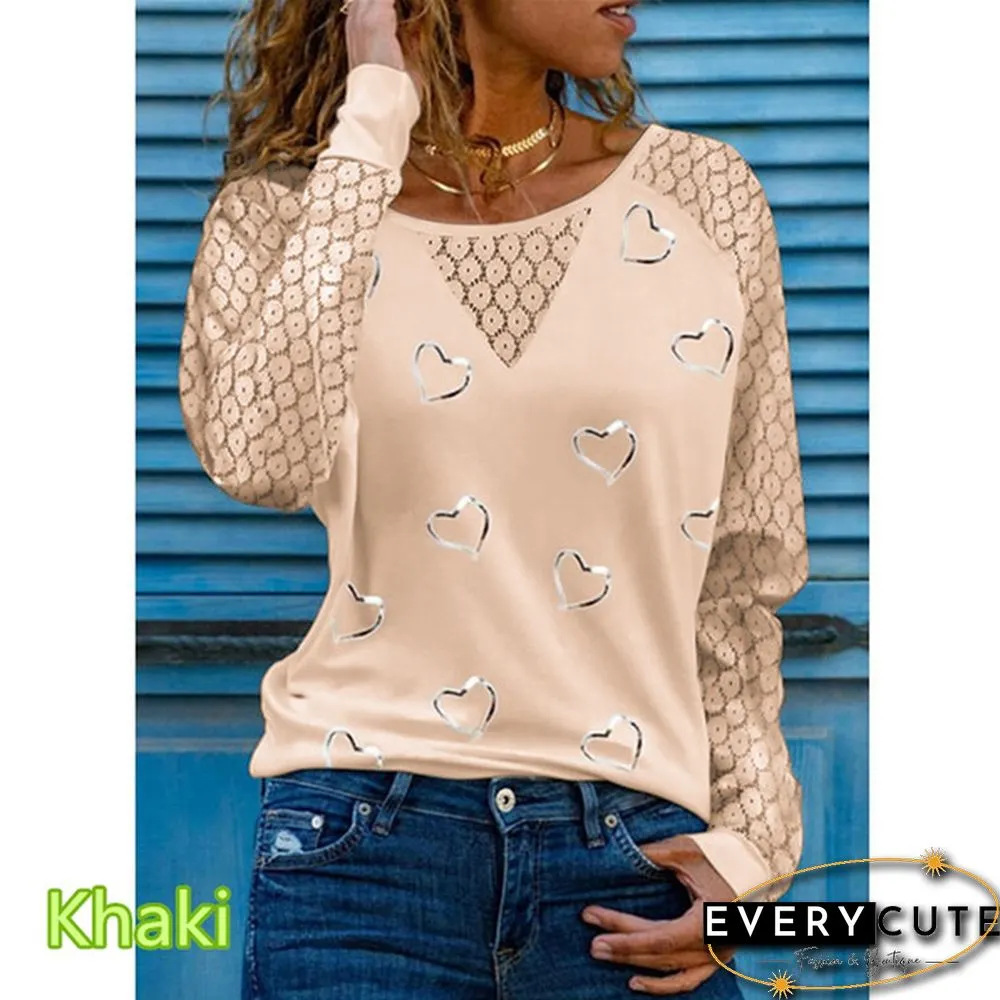 Spring and Early Autumn New Fashion Women's Love Printed Lace Long Sleeve Casual Top Loose Plus Size Soft and Comfortable Round Neck Bottoming Shirt XS-5XL