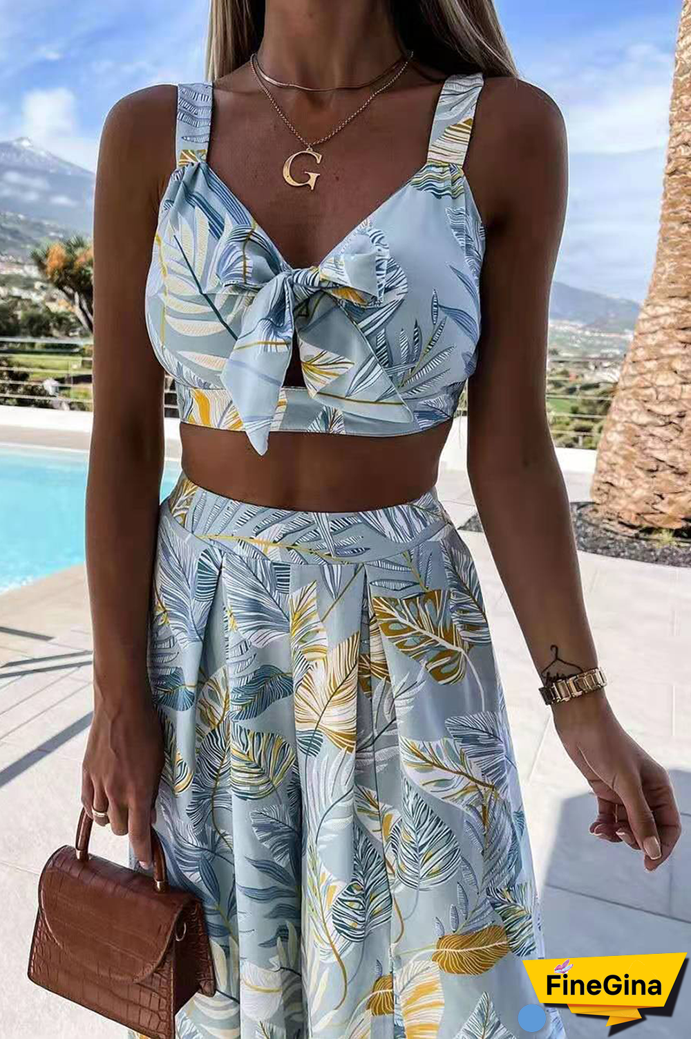 Casual Print Split Joint V Neck Sleeveless Two Pieces