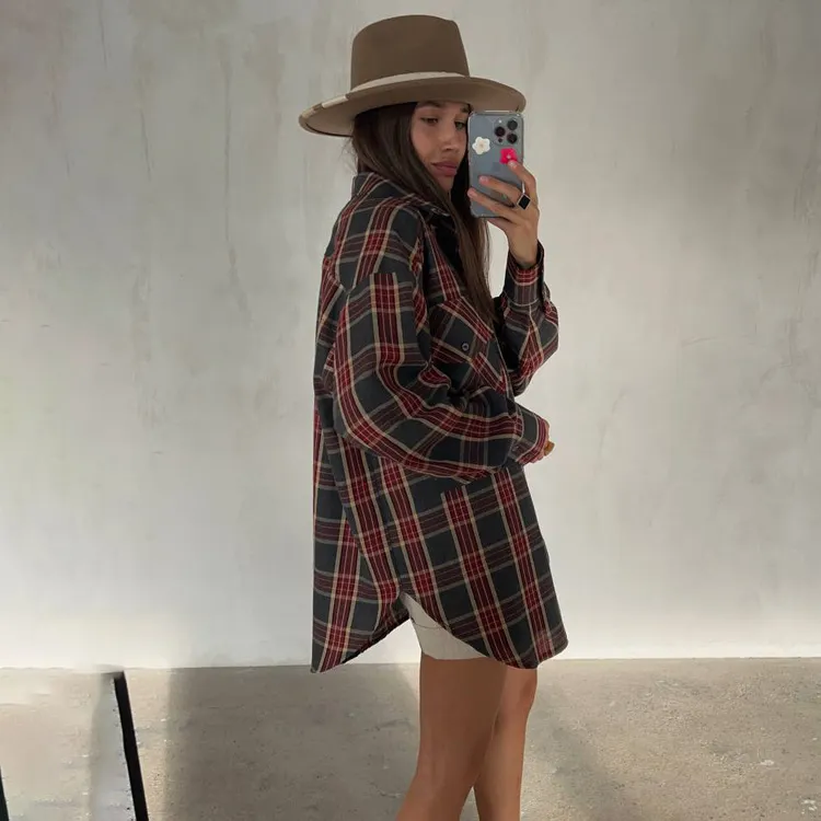Churchf Churchf Women's Wear 2023 Fall New Vintage Plaid Shirt Boyfriend Wind Long Loose Shirt Coat