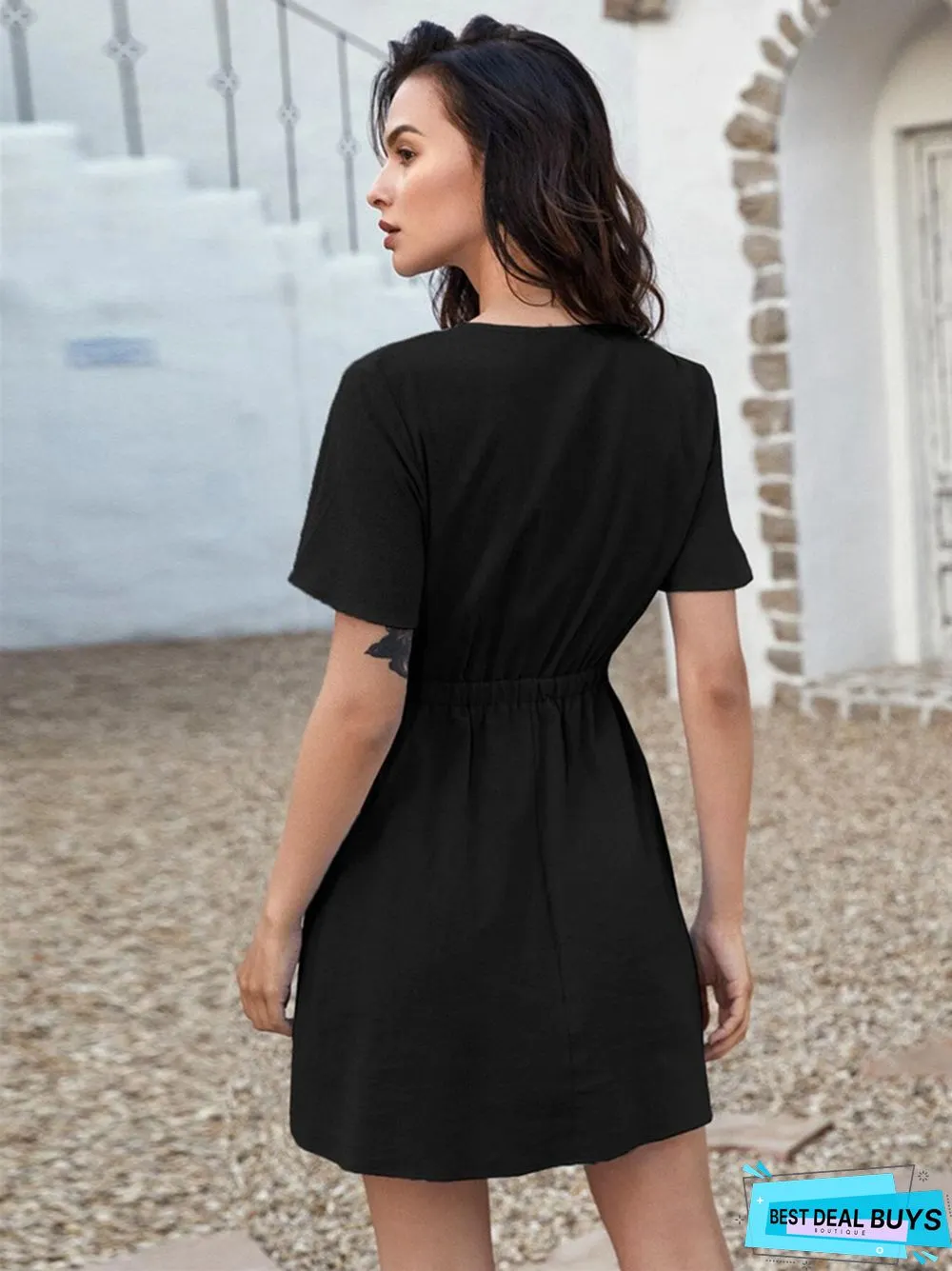 Dress Strap Bow Casual Solid Color A-Line Skirt Temperament Short Sleeve Cotton Dress
