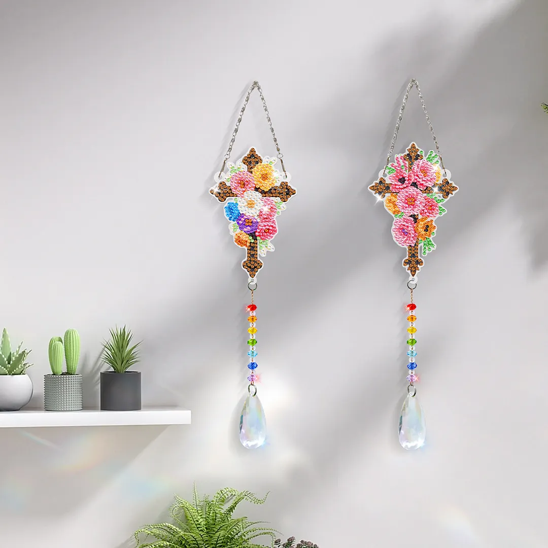 2Pcs Cross DIY Acrylic Diamond Painting Art Wind Chimes with Crystal Pendant Diamond Art Hanging Pendant Double-Sided for Adults Beginners Gift Home Garden Decor