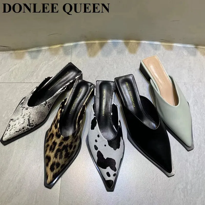2022 Brand Designer Women Slippers Fashion Leopard Mule Flat Pointed Toe Casual Shoes Slide Low Heel Snake Sandal Big Size 35-41