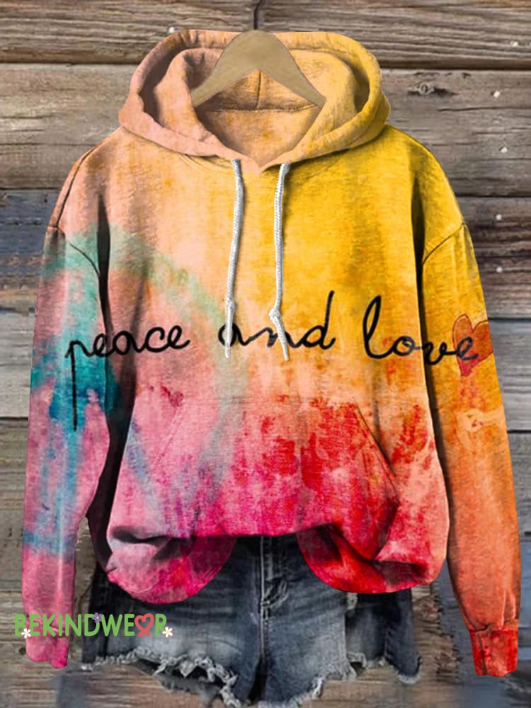Peace and Love Gradient Printed Casual Hoodie Multicolor / S