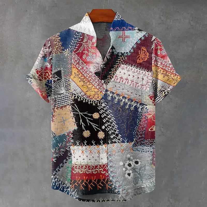 Men's Vintage Floral Patchwork Art Print Casual Shirt  artssus
