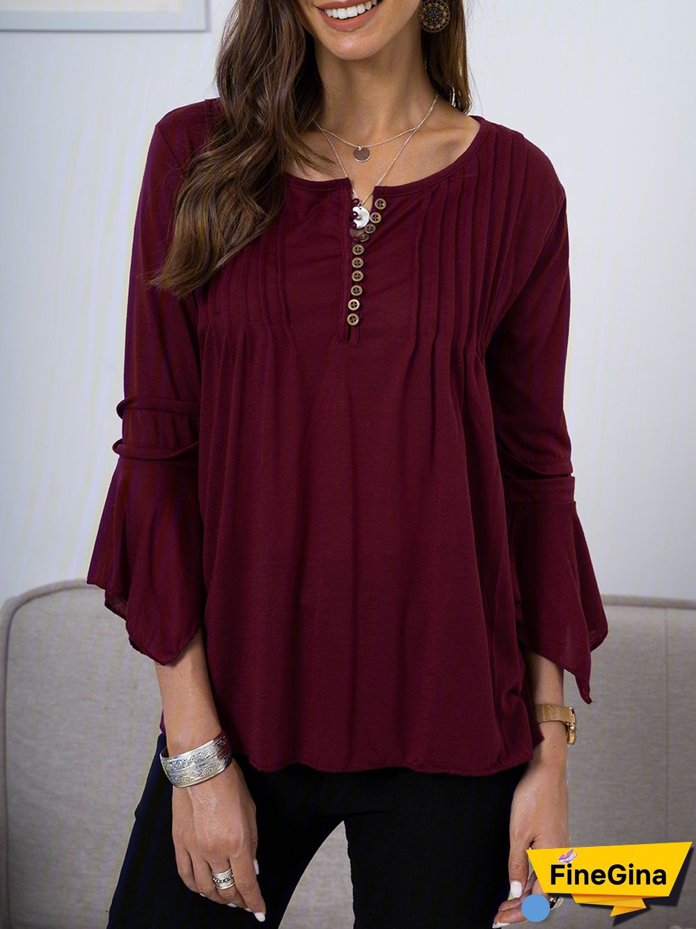 3/4 Sleeve Casual Plain Blouses & Shirts