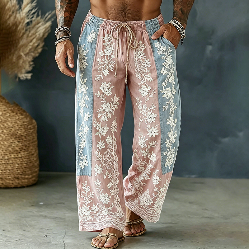 Comstylish Men's Spring Floral Embroidered Art Print Flowy Linen Blend Casual Pants