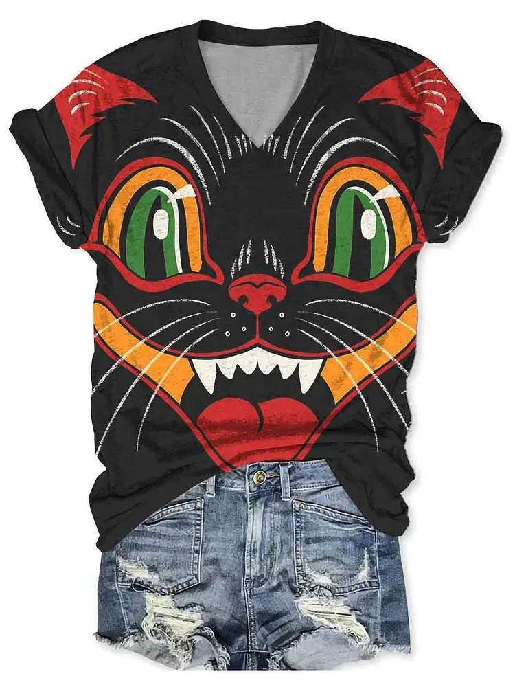 Women's Halloween Black Cat Party Print V-Neck Short Sleeve T-Shirt