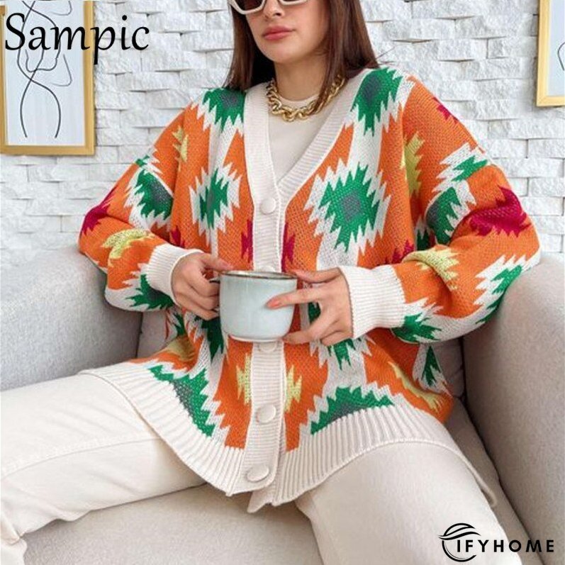 Christmas Gift Sampic Loose Patchwork Knitwear Winter Women Cardigans Tops Oversized Long Sleeve Y2K V Neck Sweater Casual Fashion Tops | IFYHOME