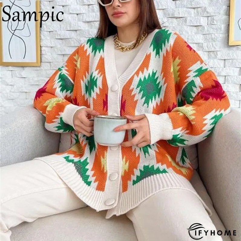 Christmas Gift Sampic Loose Patchwork Knitwear Winter Women Cardigans Tops Oversized Long Sleeve Y2K V Neck Sweater Casual Fashion Tops | IFYHOME