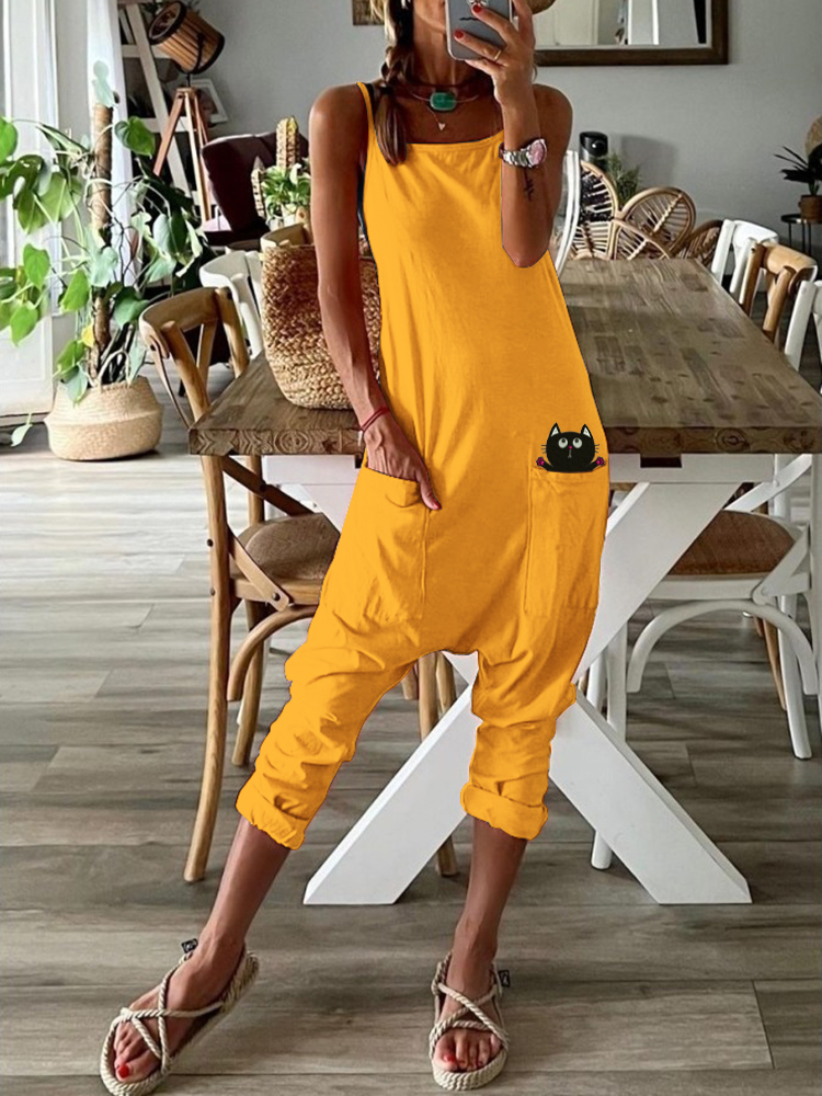 Women's Cat Print Stretch Jumpsuit
