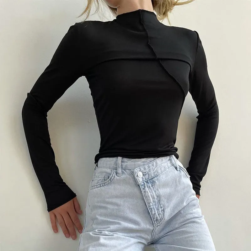 Brownm Split Line Long Sleeve Half Turtleneck Tops