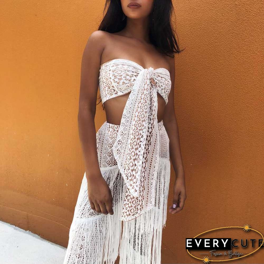 Front Tie Lace Bandeau Top & Flared Tassel Pants