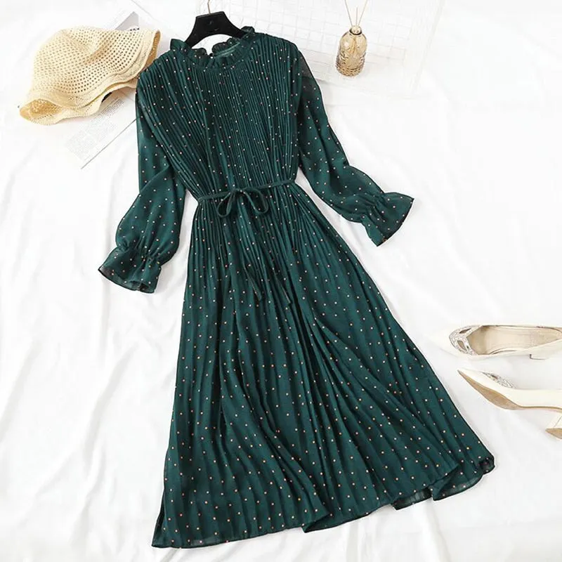 Polka Dot Print Women Chiffon Pleated Dress Sweet Flare Sleeve Party Dresses Casual Loose Lady Office Midi Dress Vestidos Mujer