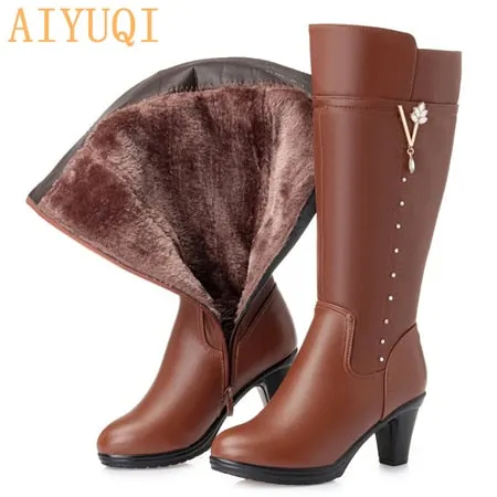 Women's winter boots 2021 new genuine leather female boots size 43 warm high-heeled wool boots women trend riding boots women