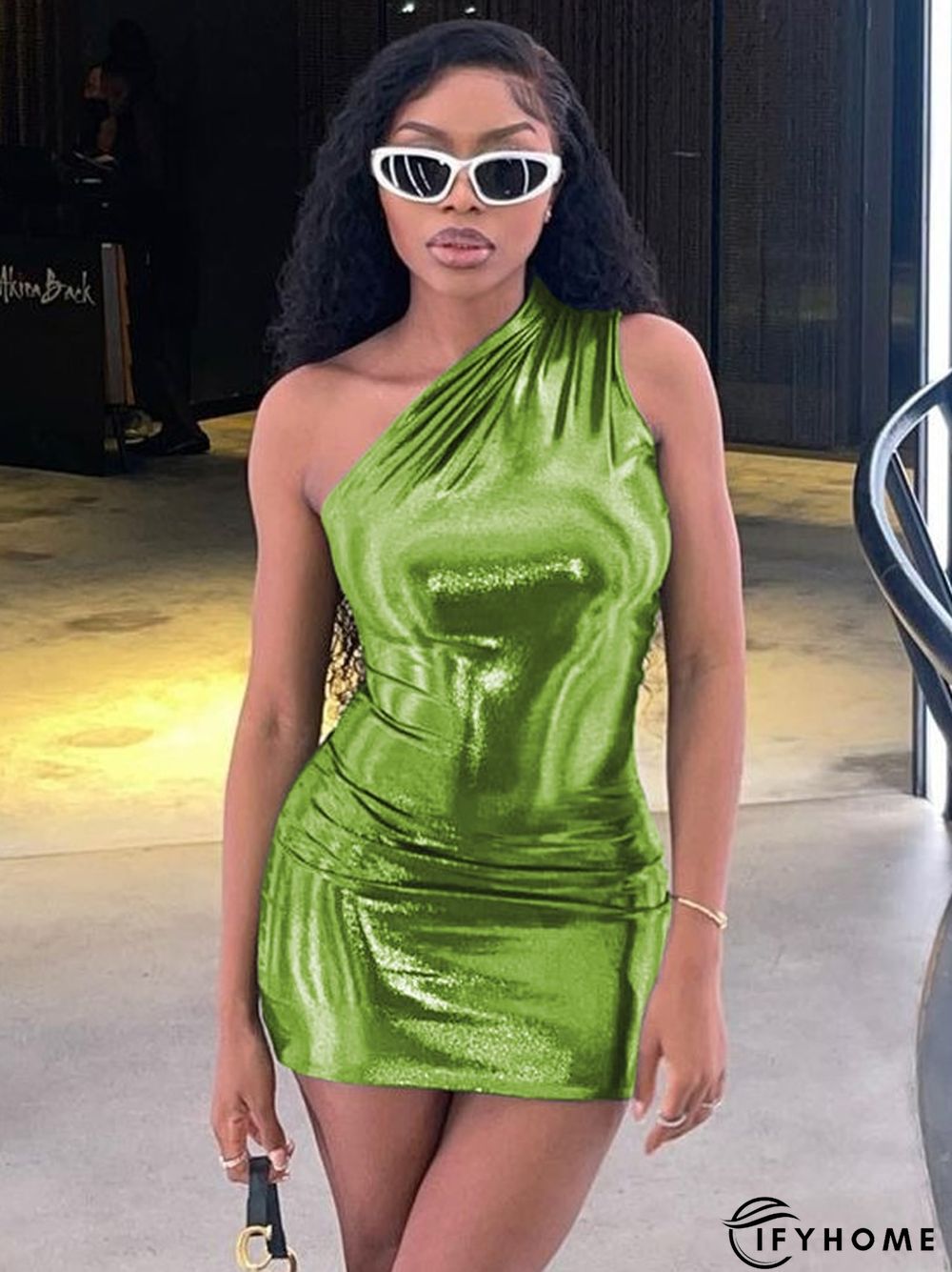 Pu Leather One Shoulder Sleeveless Draped Mini Prom Dress | IFYHOME