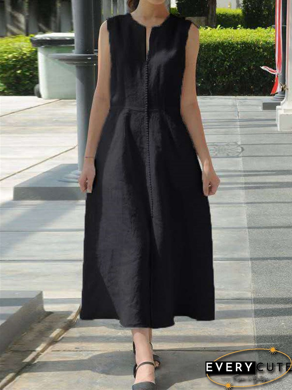 V-neck Waist Belt Cotton Linen Hem Split Sleeveless White Dresses