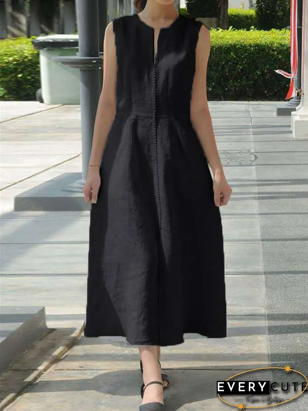 V-neck Waist Belt Cotton Linen Hem Split Sleeveless White Dresses