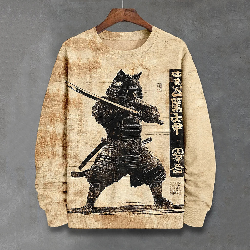 Men's Japanese Katana Cat Samurai Retro Print Casual Sweatshirt  artssus