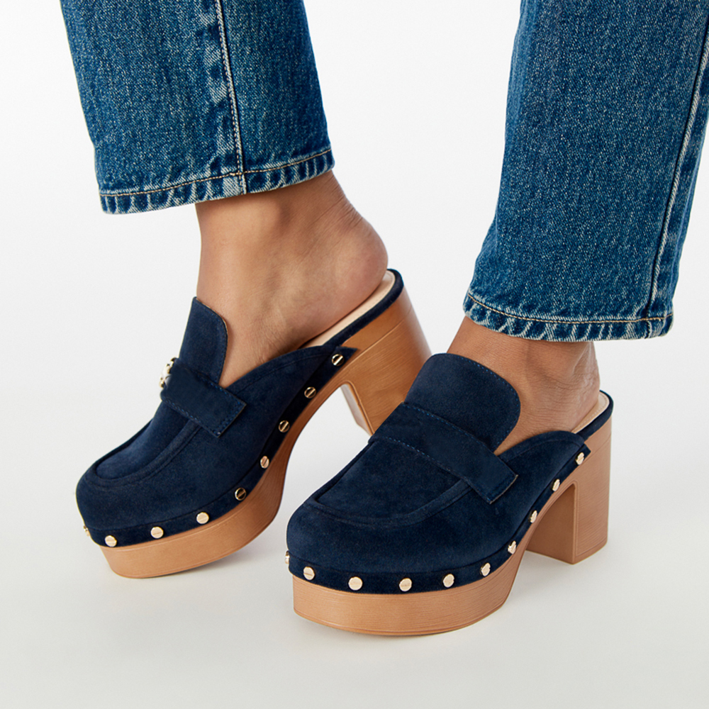 Navy Vegan Suede Round Toe Chunky Heel Loafer Style Platform Mules Nicepairs